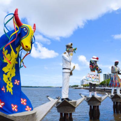 Aracaju, Sergipe, Brazil - March 12, 2020: Monument to Sergipano folklore, sculptures of folk characters located in Largo da Gente Sergipana. Largo da Gente Sergipana is a monument located in Aracaju, Sergipe, Brazil, which pays homage to the cultural movements and the identity of the people of Sergipe.
The monument consists of a total of eight statues, which each represent several typical folkloric manifestations.